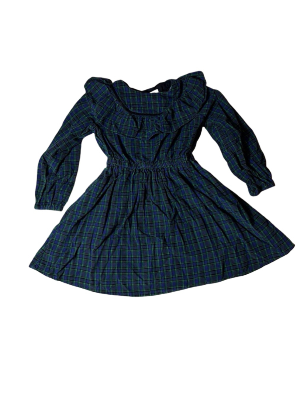 Crewcuts Girls’ Blue Green Plaid Ruffle Neck Long Sleeve Dress Size 8